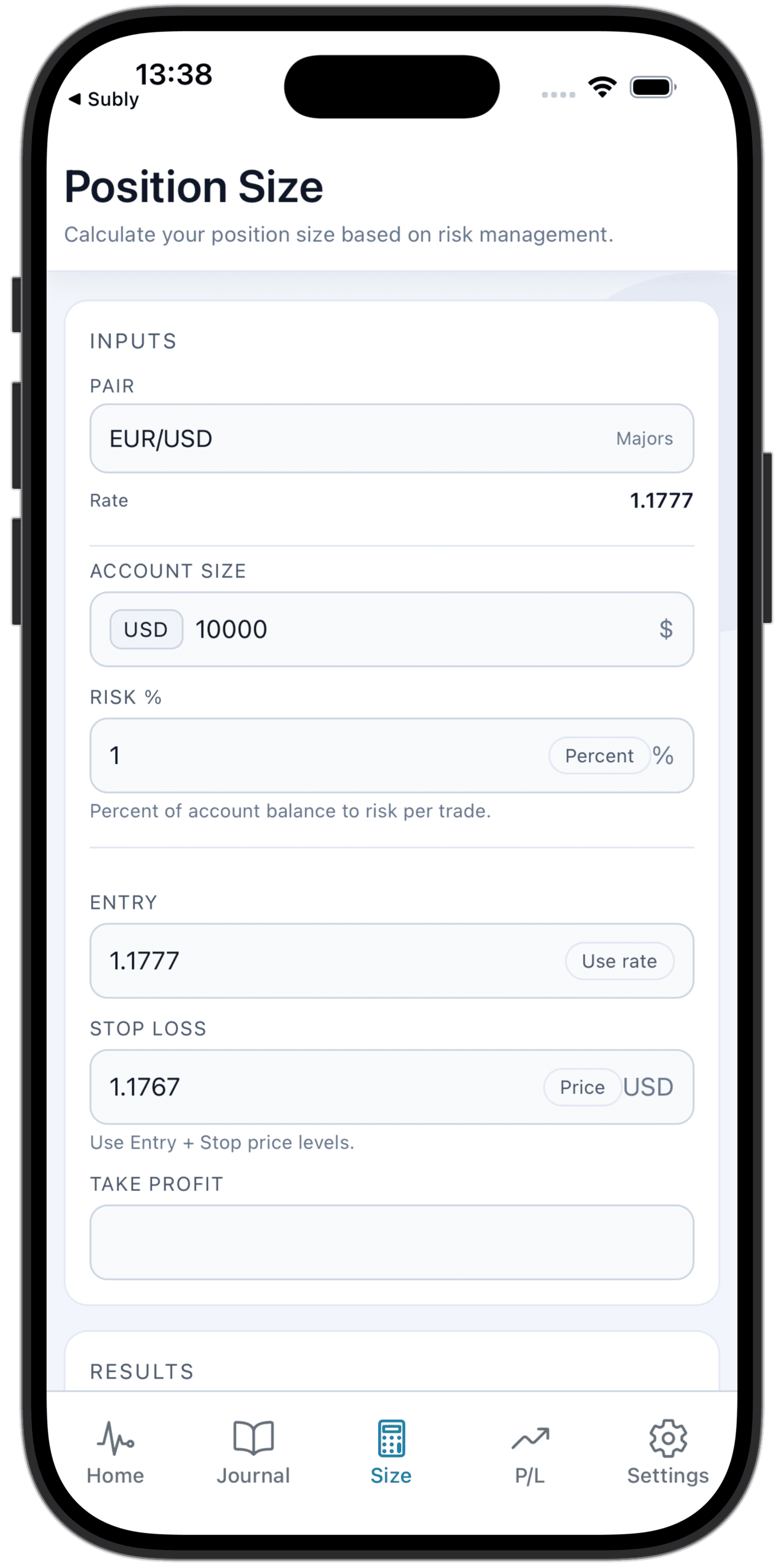 Trade Journal position size screen