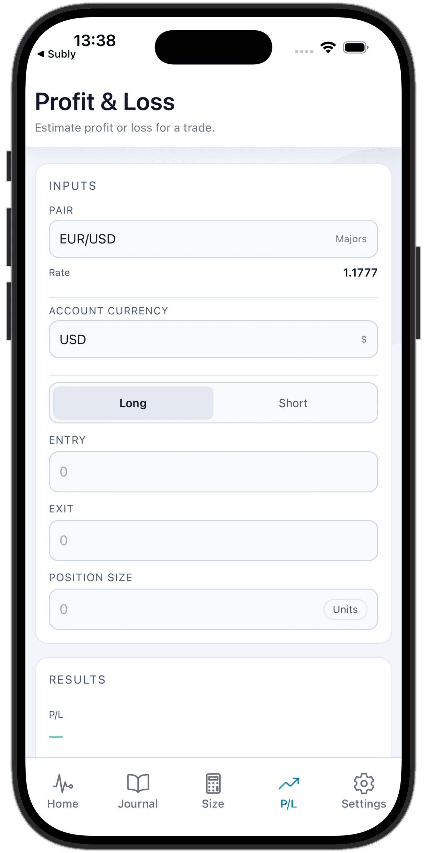 Trade Journal profit and loss screen