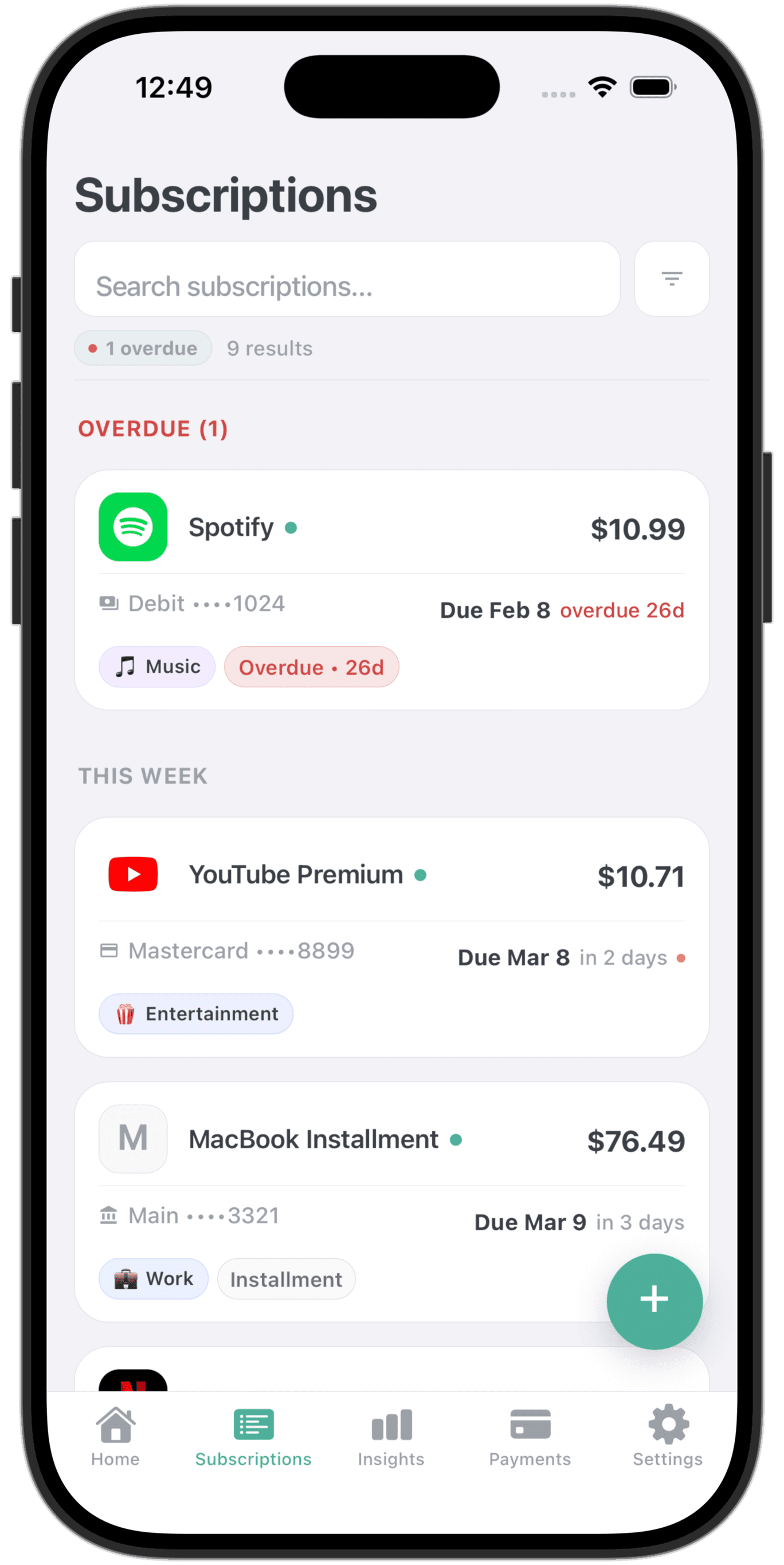 Subly subscriptions screen